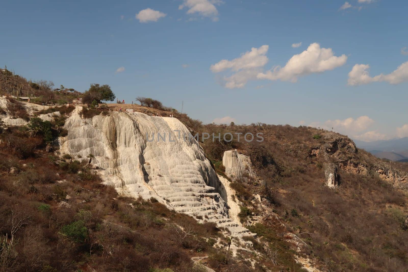 The travertine rock formations and pools of Hierve El Agua between the Oaxacan landscape, Mexico 2022