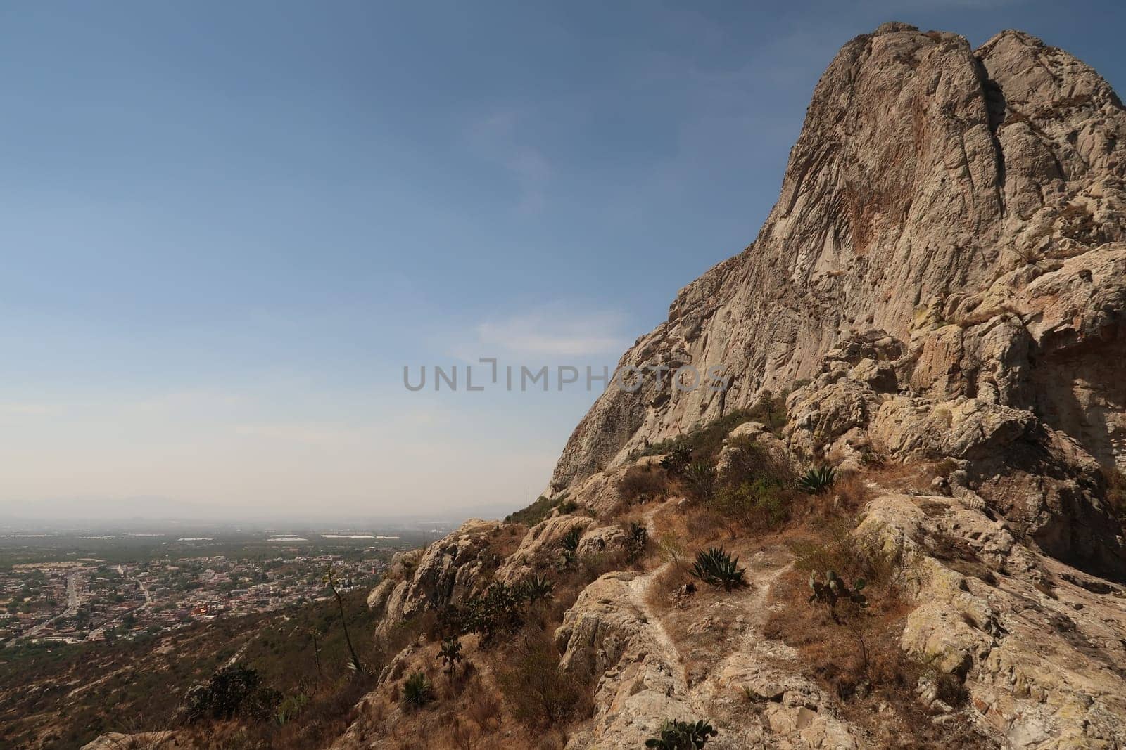 Spectacular view on the Pena de Bernal and the town of San Sebastian Bernal, Queretaro, Mexico 2022