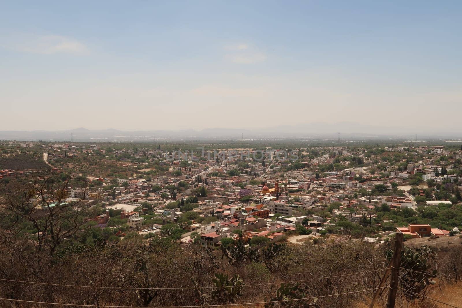 View onto the town of San Sebastian Bernal from the foot of the Pena de Bernal, Queretaro, Mexico 2022