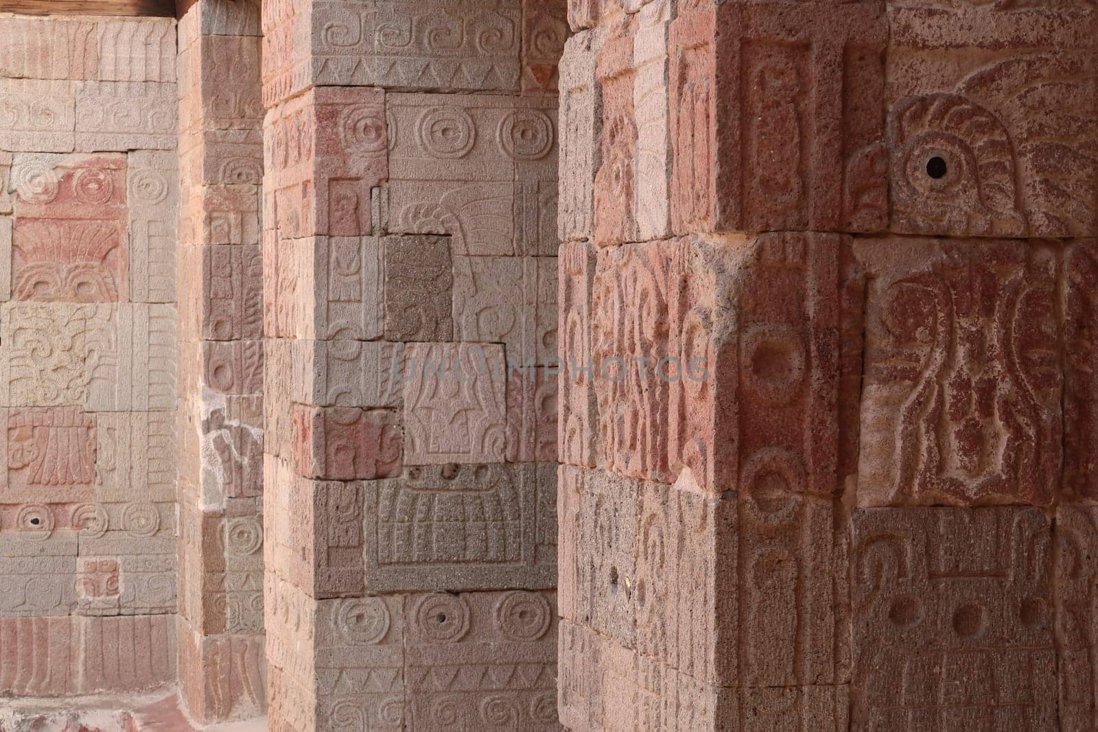 Relief/carving/stucco/mosaic on the pillars/columns in the Quetzalpapálotl Palace/Palacio de Quetzalpapálotl at Teotihuacan, Mexico City 2022