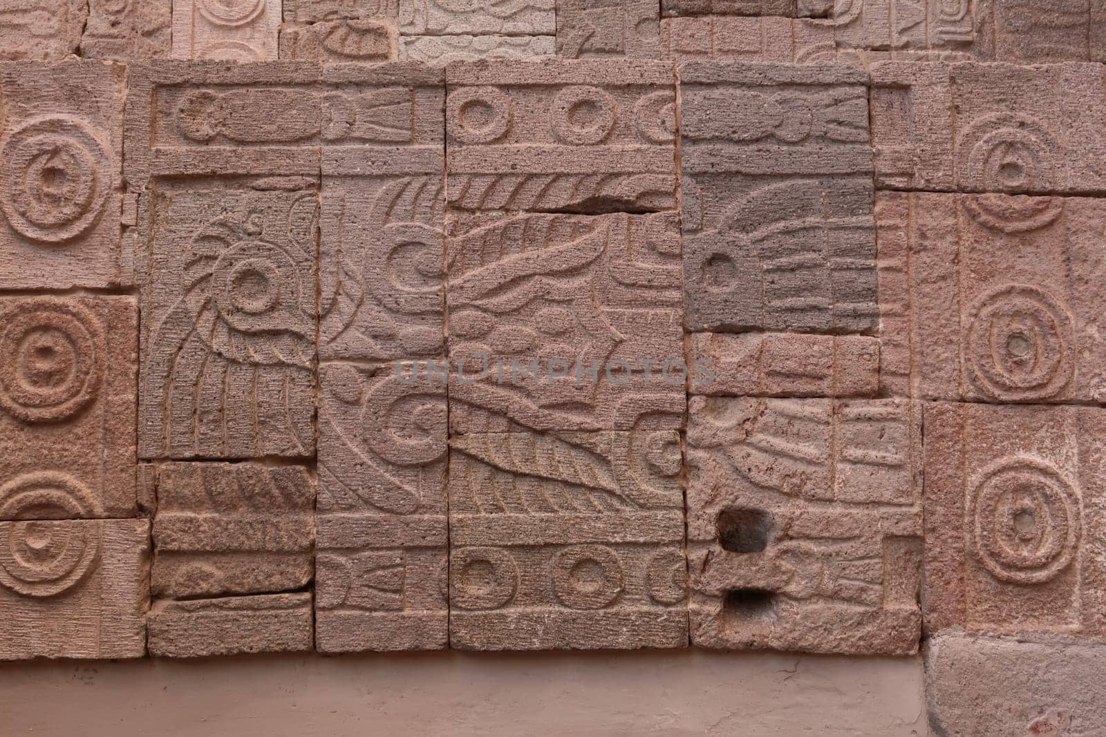 Relief/carving/stucco/mosaic on one of the pillars in the Quetzalpapálotl Palace/Palacio de Quetzalpapálotl at Teotihuacan, Mexico City 2022