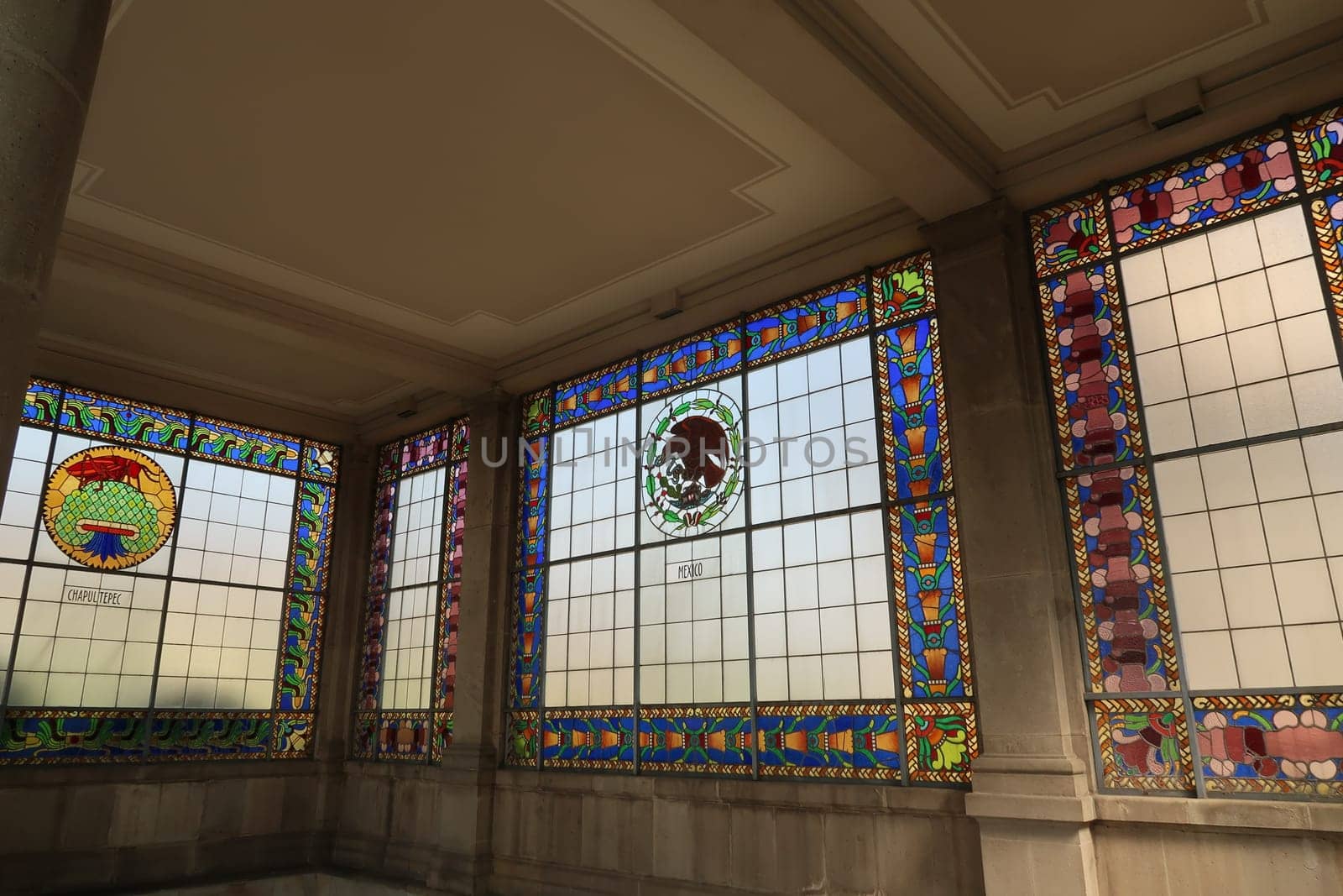 Stained glass window with the emblem of Chapultepec/grasshopper/Chapulines and Mexico/eagle and snake at Chapultepec Castle, Mexico City 2022