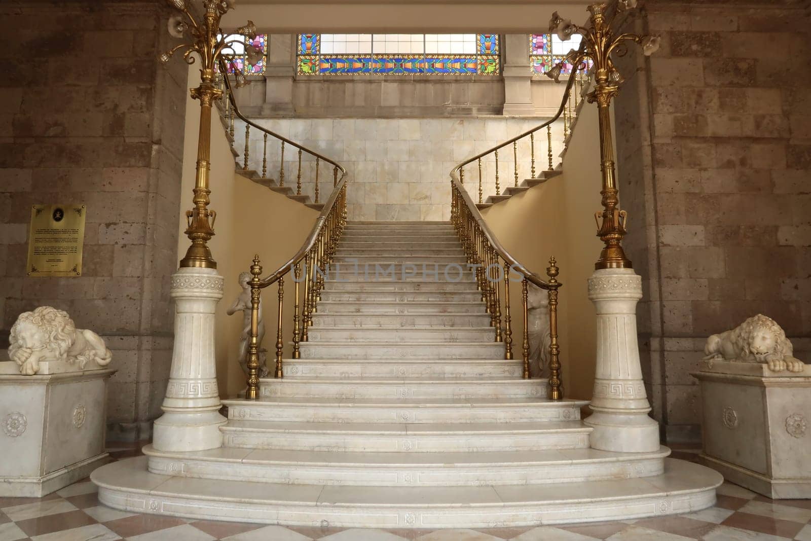 Beautiful stairway at Chapultepec Castle/Castillo de Chapultepec, white marble, gold and lion sculptures, Mexico City 2022