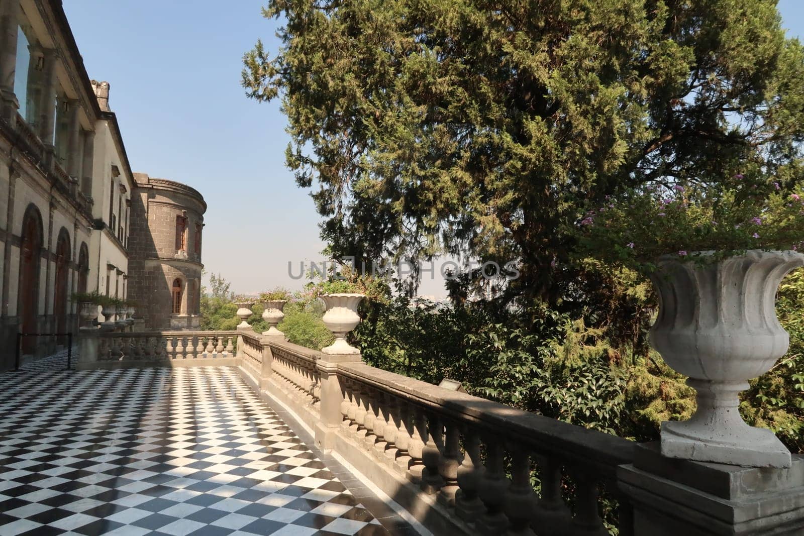 Beautiful terrace of Chapultepec Castle/Castillo de Chapultepec with its black and white tile floor, Mexico City 2022
