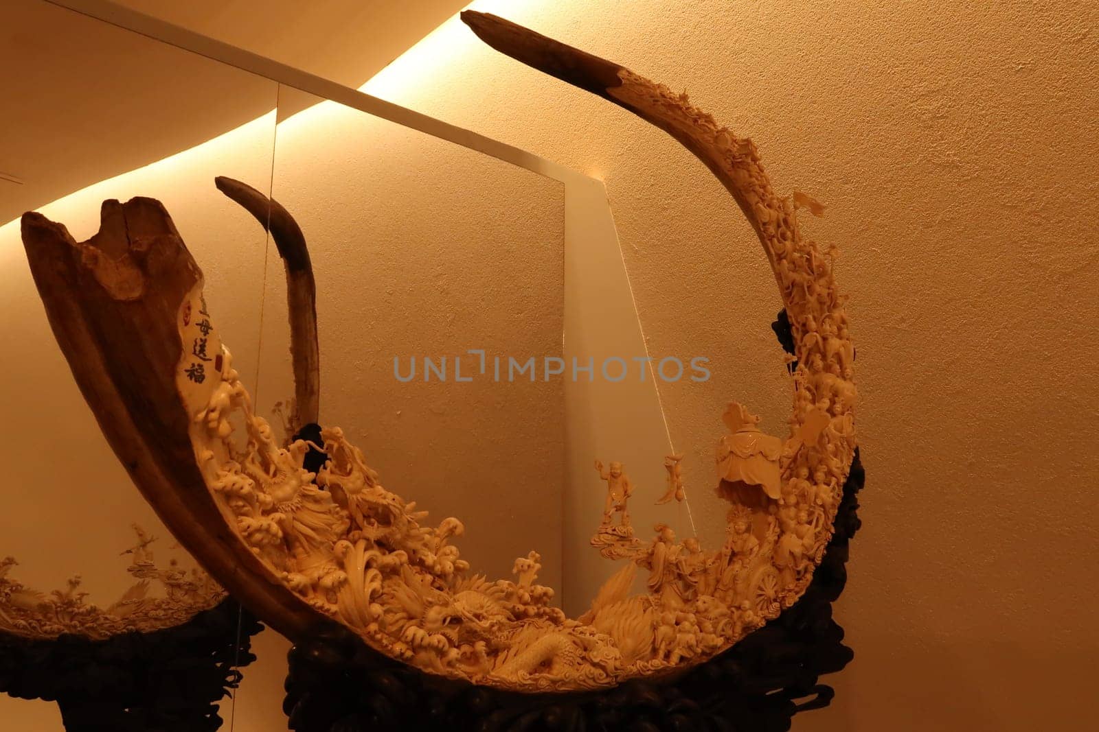 Incredible art piece "The Empress Mother"" carved out of the ivory of a Mammoth Tusk, displayed at the Soumaya Museum, Mexico City, 21. April 2022"