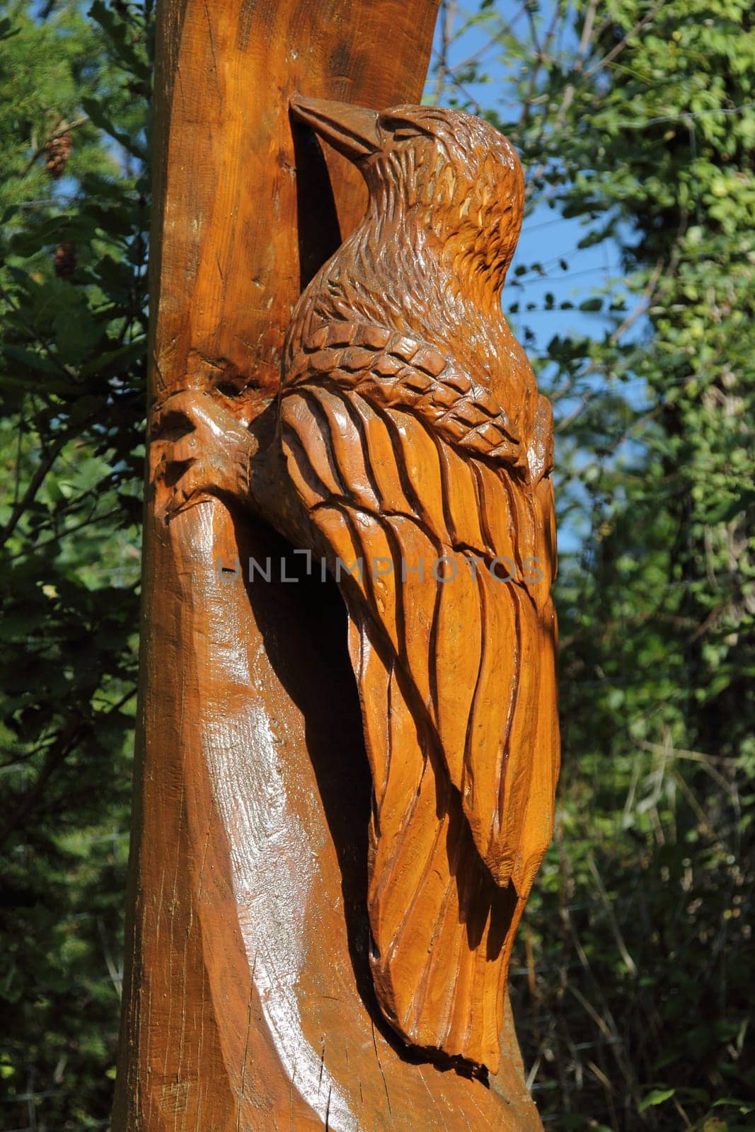 A woodpecker, carved from a tree trunk, bird