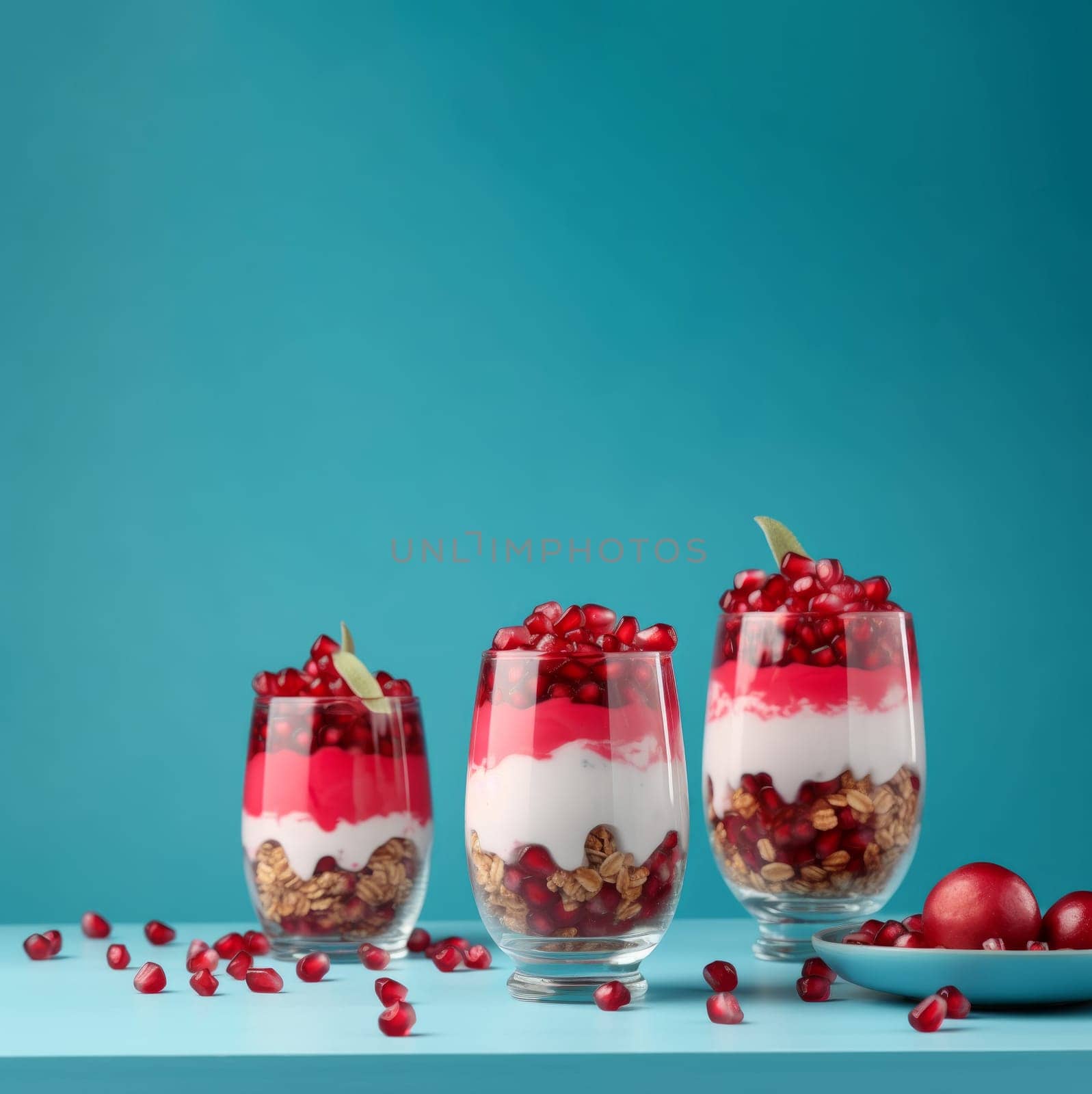 Pomegranate parfait dessert drink banner. Snack meal. Generate Ai