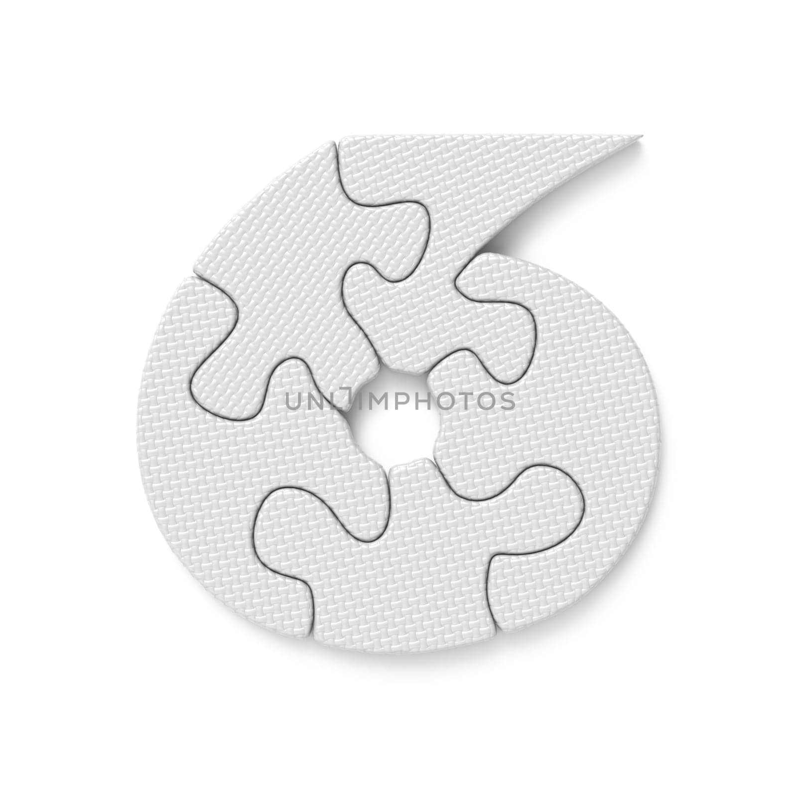 White jigsaw puzzle font Number 6 SIX 3D rendering illustration isolated on white background