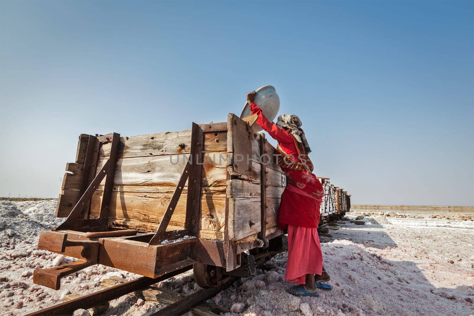 SAMBHAR, INDIA - NOVEMBER 19, 2012: Woman mining salt at lake Sambhar, Rajasthan, India. Sambhar Salt Lake is India's largest inland salt lake