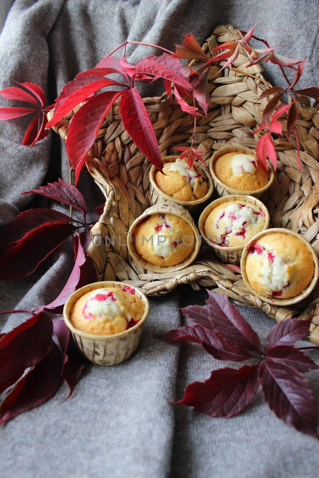 Cupcakes with cherry filling decorated with leaves