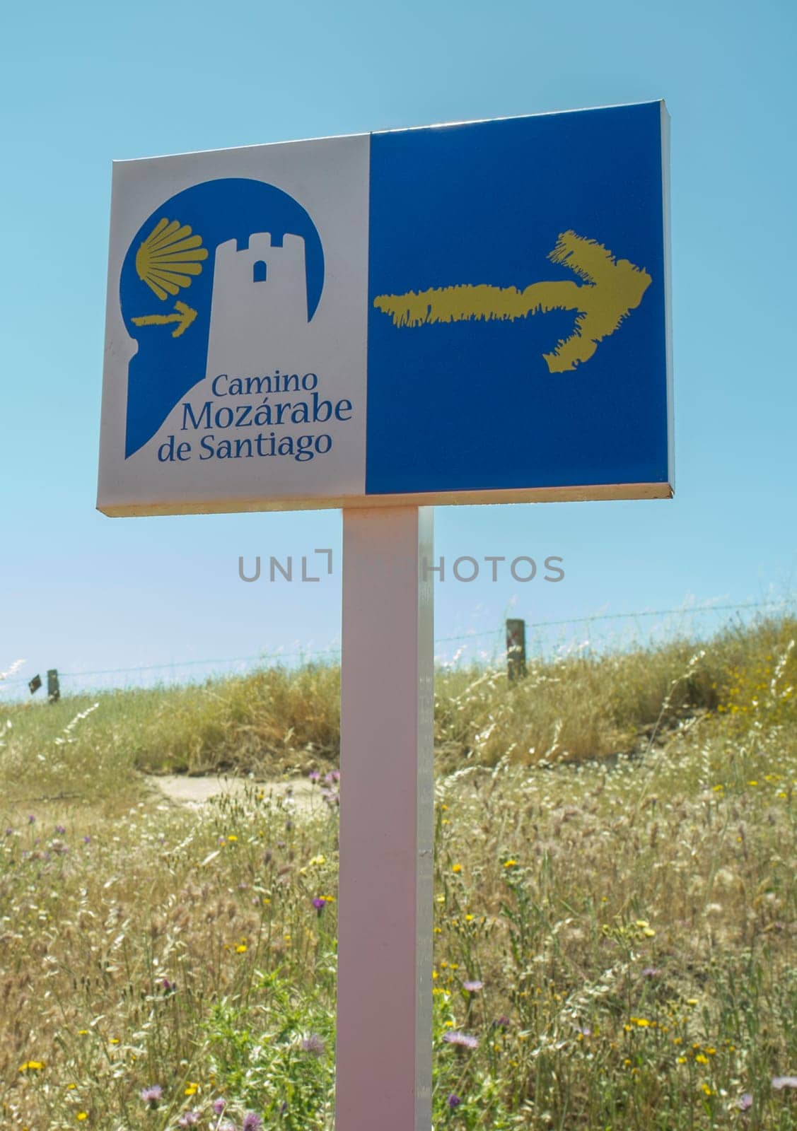 Campanario, Spain - May 17th 2018: Mozarabic Way to Santiago sign pole, Campanario, Extremadura, Spain