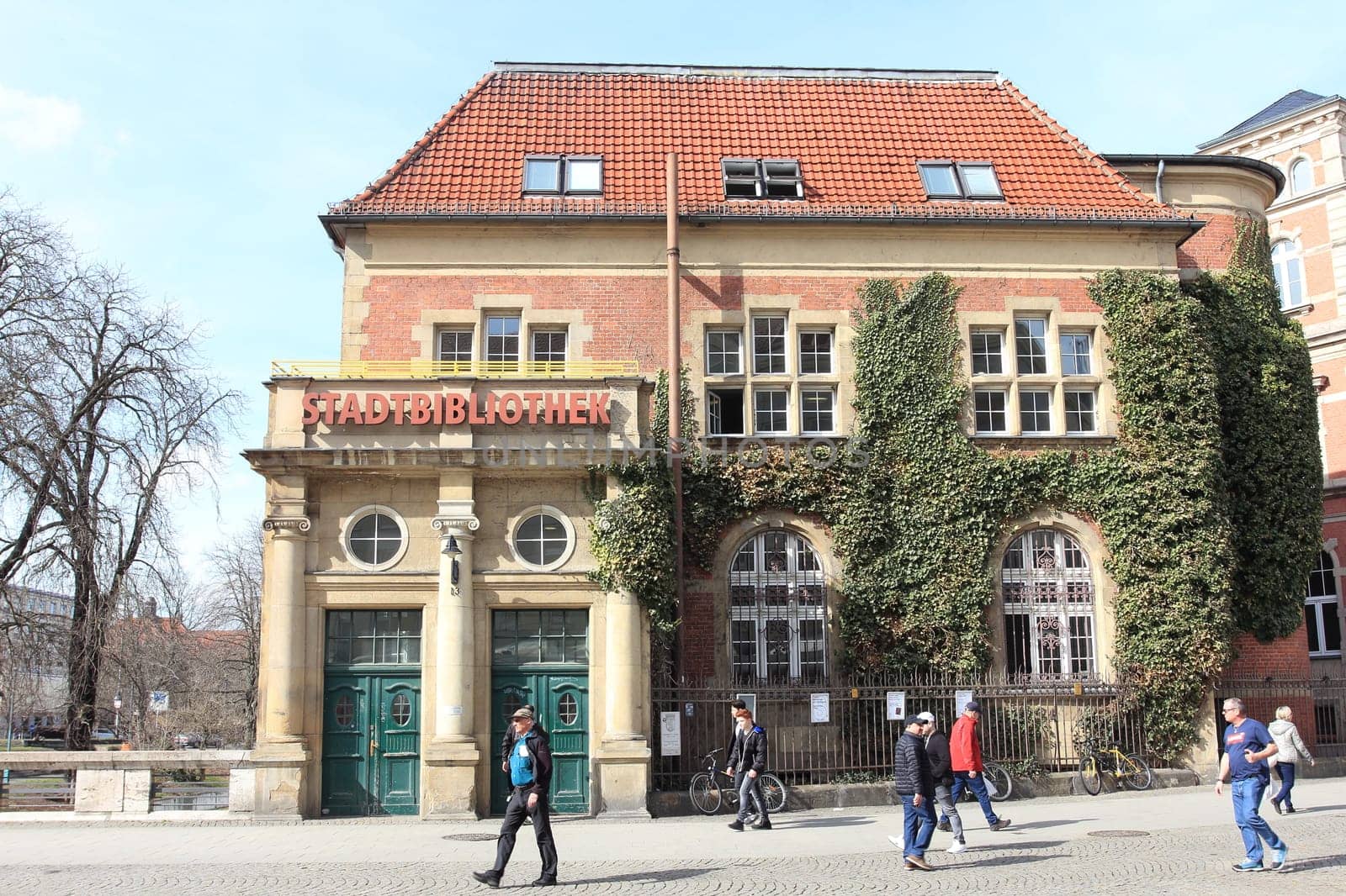 Carl-Schurz Street, Berlin, Germany April 3, 2018: the central shopping street in the old town of Spandau is a quiet pedestrian area with department stores, specialty shops and restaurants.