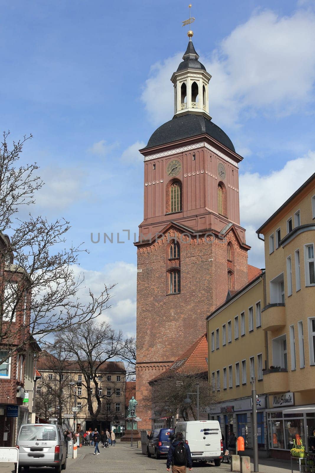 Carl-Schurz Street, Berlin, Germany April 3, 2018: the central shopping street in the old town of Spandau is a quiet pedestrian area with department stores, specialty shops and restaurants.