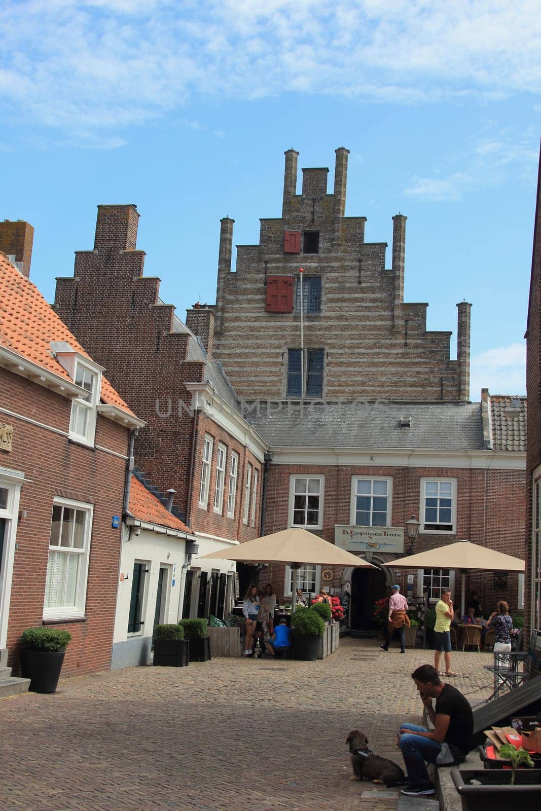 Veere, Netherlands July 13, 2018: Shops and restaurants in the town center