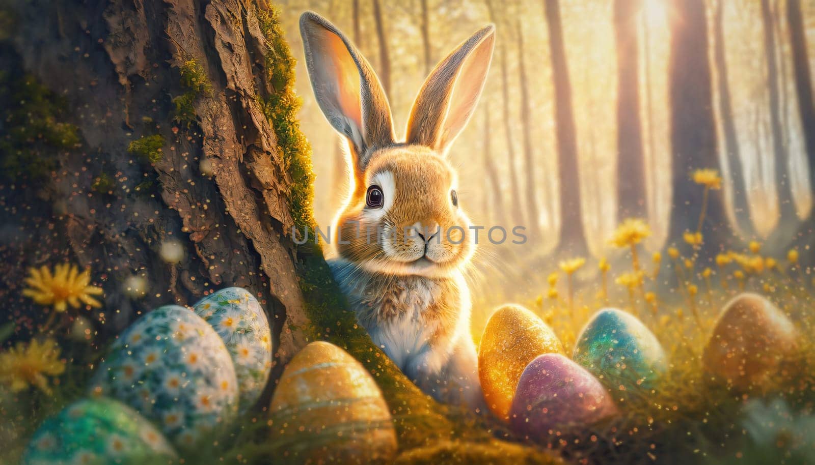 Cute rabbit character hiding behind a tree stem in the woods with Easter eggs among blooming flowers