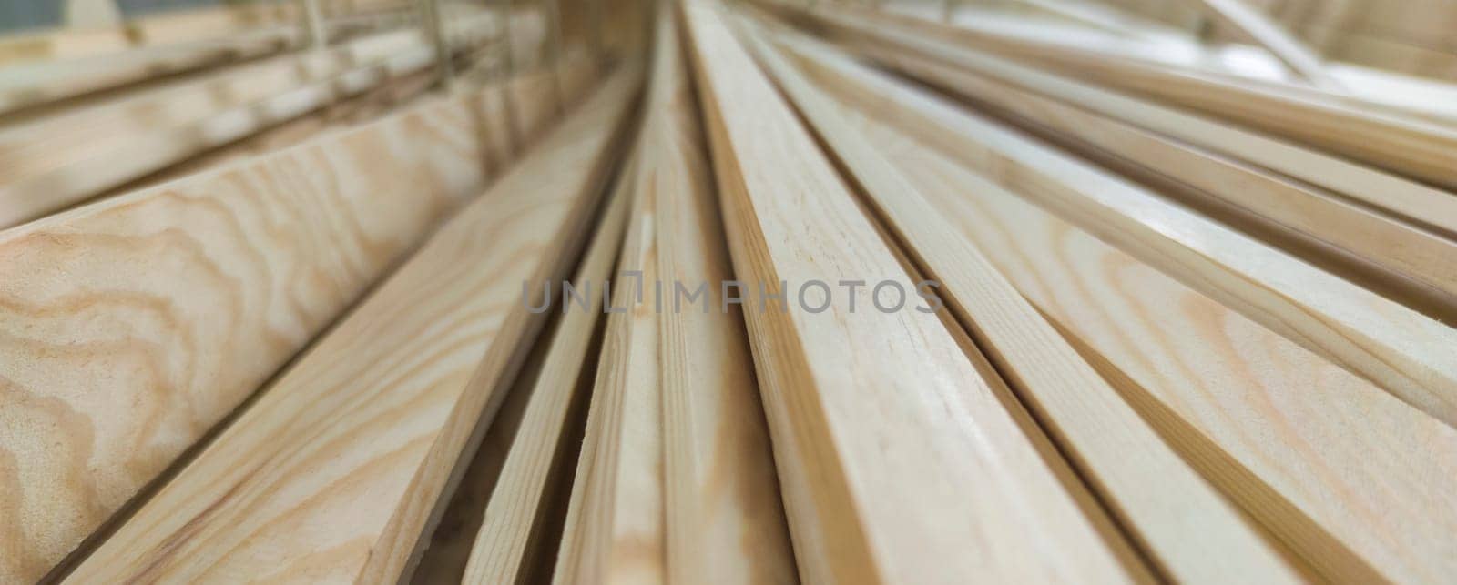 Planed strips made of fir tree wood. Long format