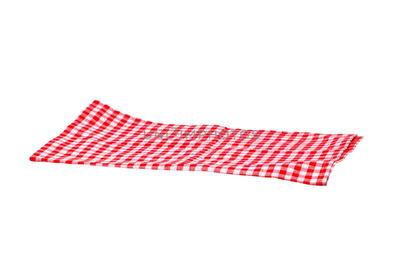 Red and white checkered napkin or tablecloth texture isolated on white background. Clipping path. Backdrop for your product placement or montage. Kitchen accessories.