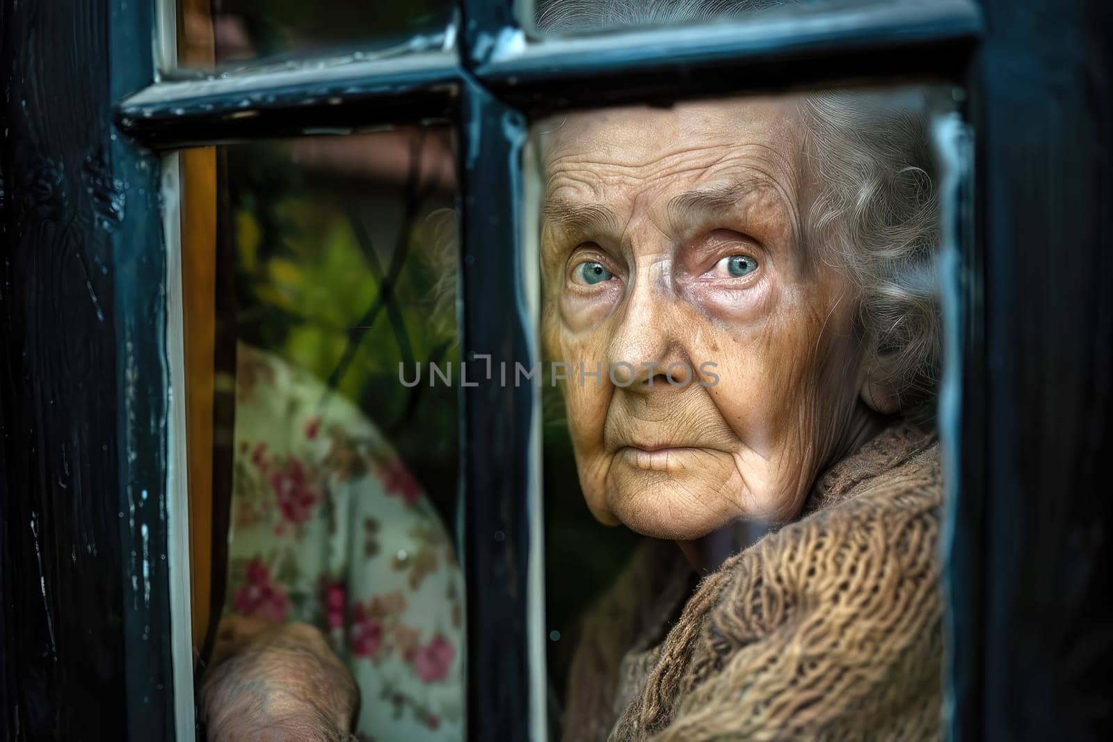 Portrait of an old sad woman looking through a window