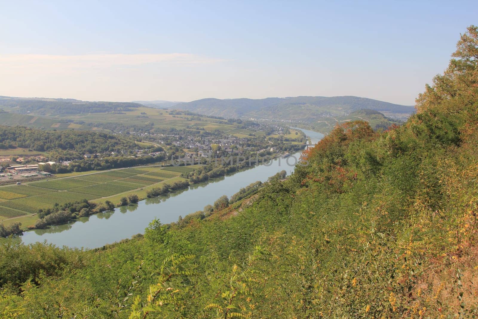 The Moselle valley near Bernkastel-Kues with the towns of Muelheim and Lieser in the background