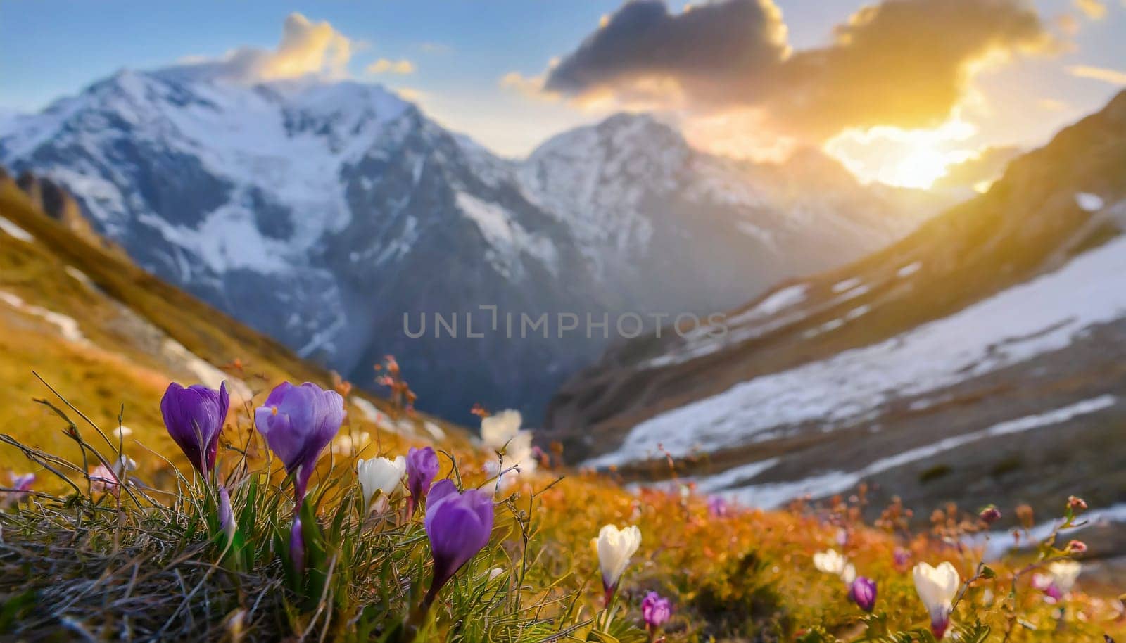 Mountain meadow with flowers at sunset. Colorful summer landscape. AI generated
