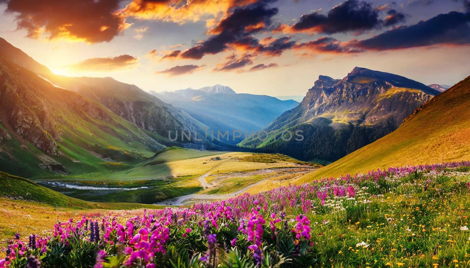 Mountain meadow with flowers at sunset. Colorful summer landscape. AI generated