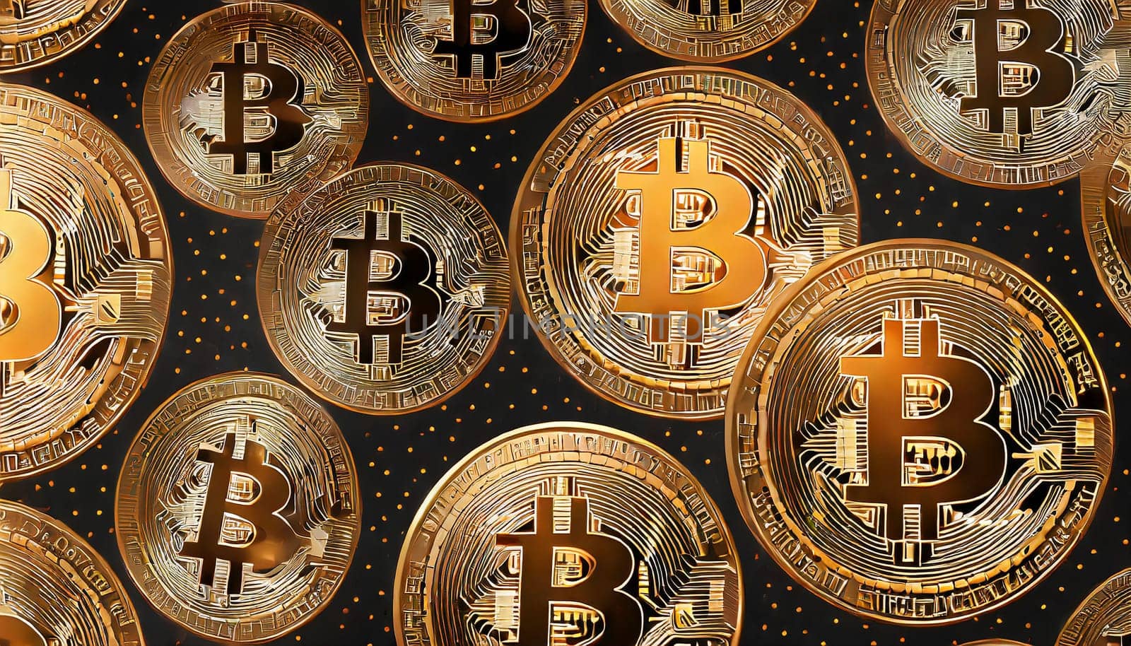 Bitcoin. Cryptocurrency. Golden coins of bitcoin on a dark background. Digital currency. AI generated