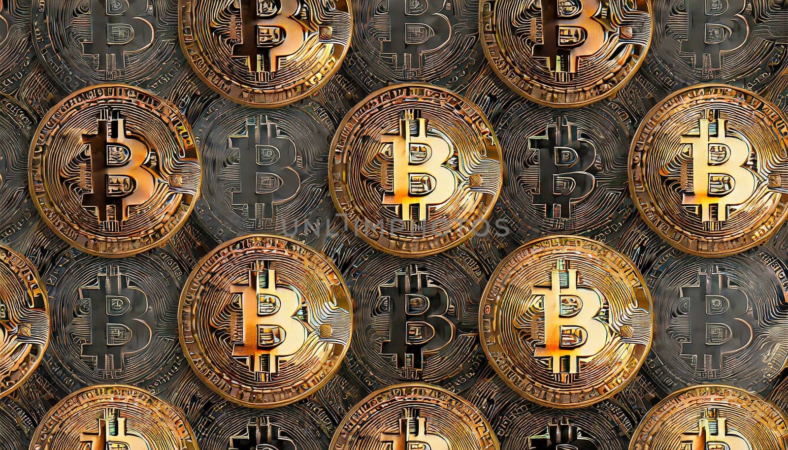 Bitcoin. Cryptocurrency. Golden coins of bitcoin on a dark background. Digital currency. AI generated