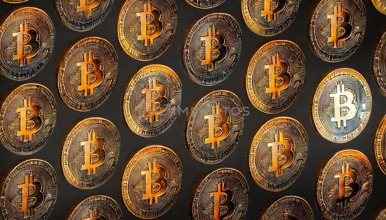 Bitcoin. Cryptocurrency. Golden coins of bitcoin on a dark background. Digital currency. AI generated