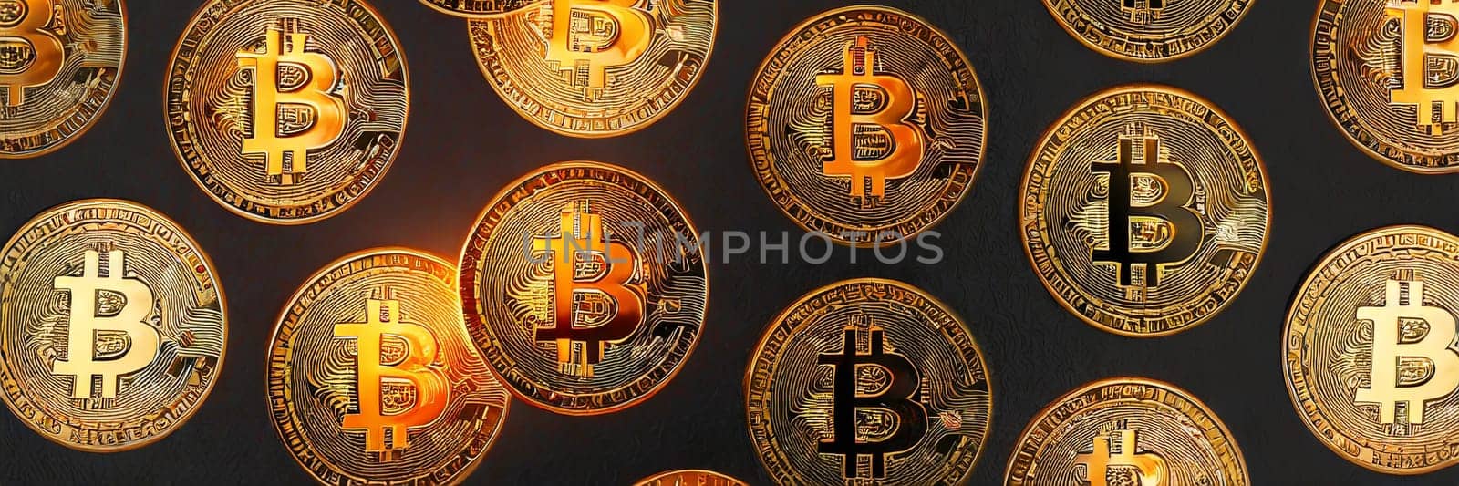 Bitcoin. Cryptocurrency. Golden coins of bitcoin on a dark background. Digital currency. AI generated