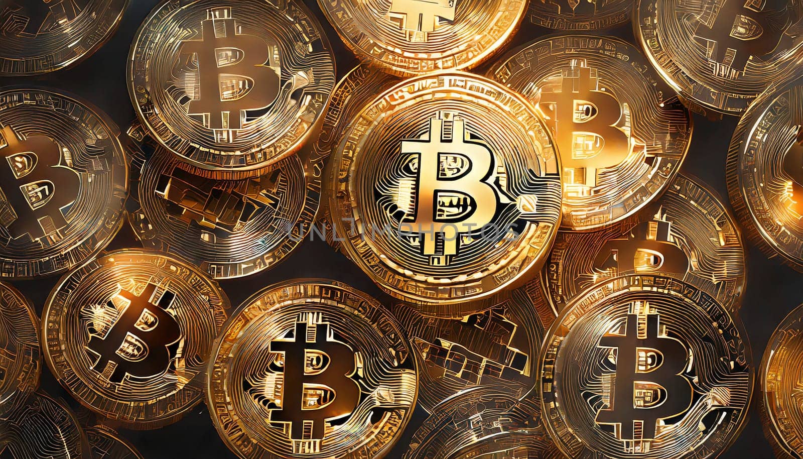 Bitcoin. Cryptocurrency. Golden coins of bitcoin on a dark background. Digital currency. AI generated