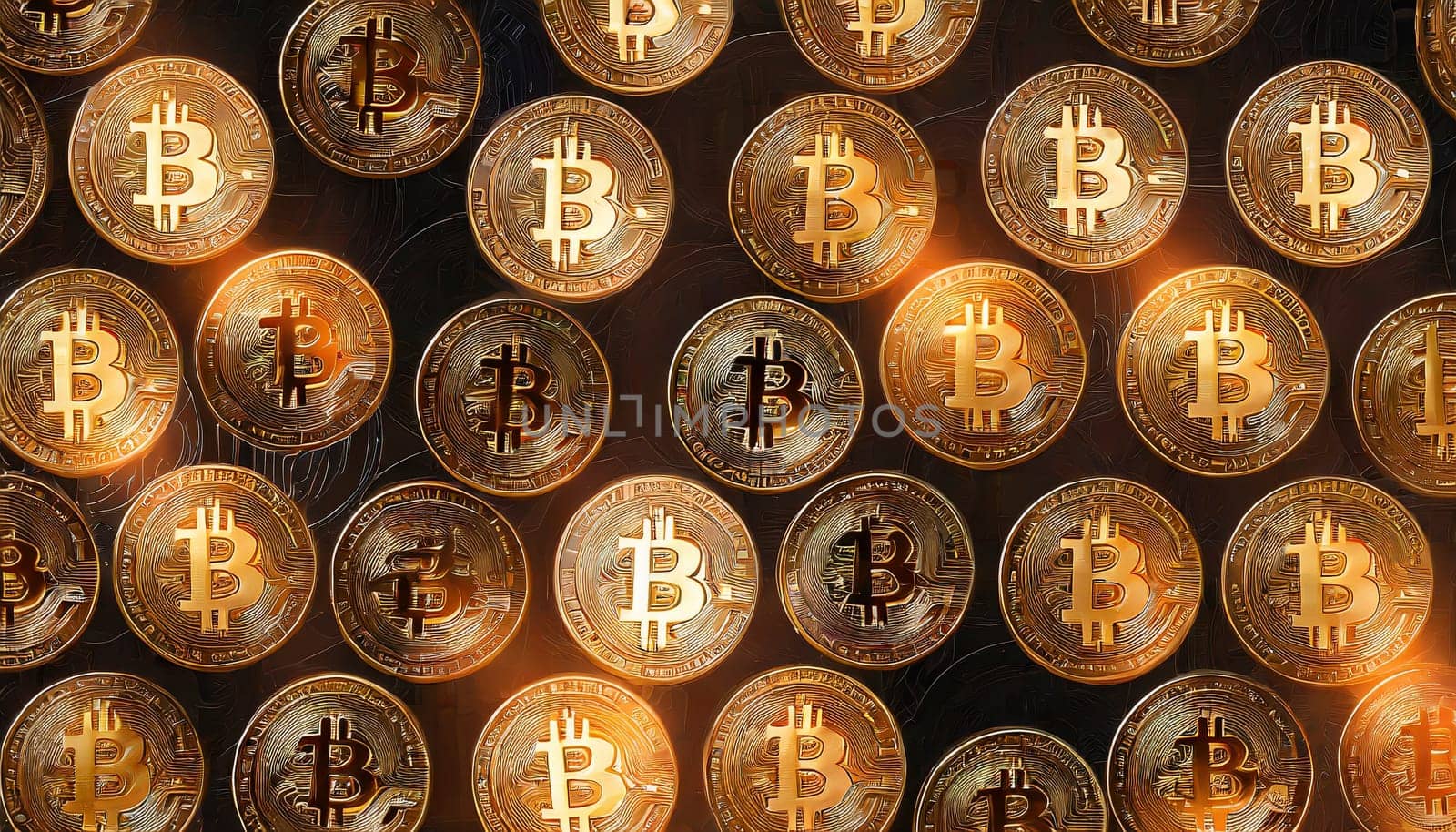 Bitcoin. Cryptocurrency. Golden coins of bitcoin on a dark background. Digital currency. AI generated