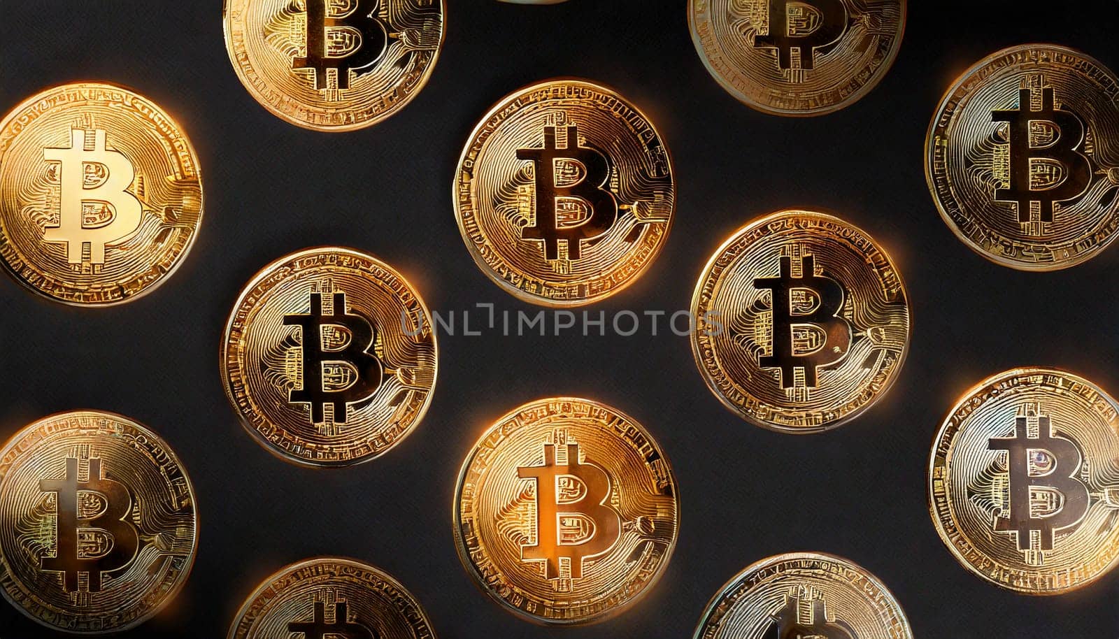Bitcoin. Cryptocurrency. Golden coins of bitcoin on a dark background. Digital currency. AI generated