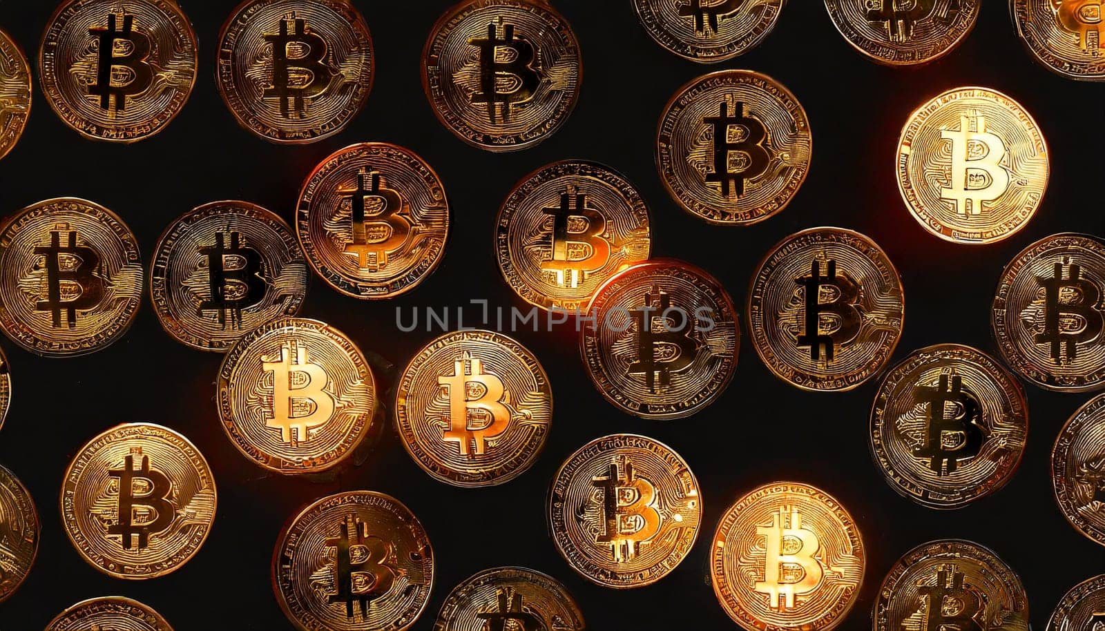 Bitcoin. Cryptocurrency. Golden coins of bitcoin on a dark background. Digital currency. AI generated