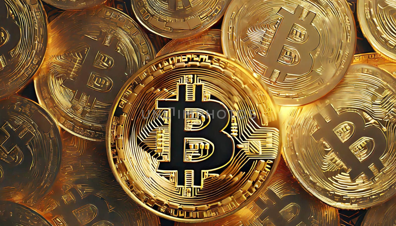 Bitcoin. Cryptocurrency. Golden coins of bitcoin on a dark background. Digital currency. AI generated