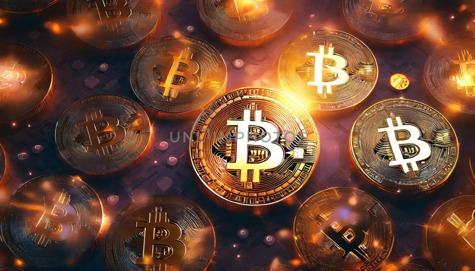 Bitcoin. Cryptocurrency. Golden coins of bitcoin on a dark background. Digital currency. AI generated