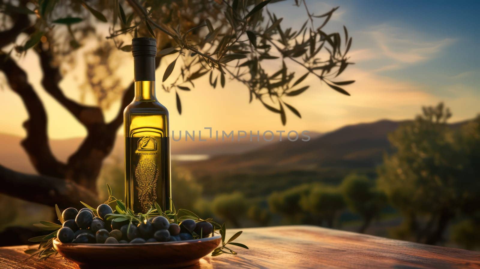 Olives and olive oil on rural landscape. Generative AI image