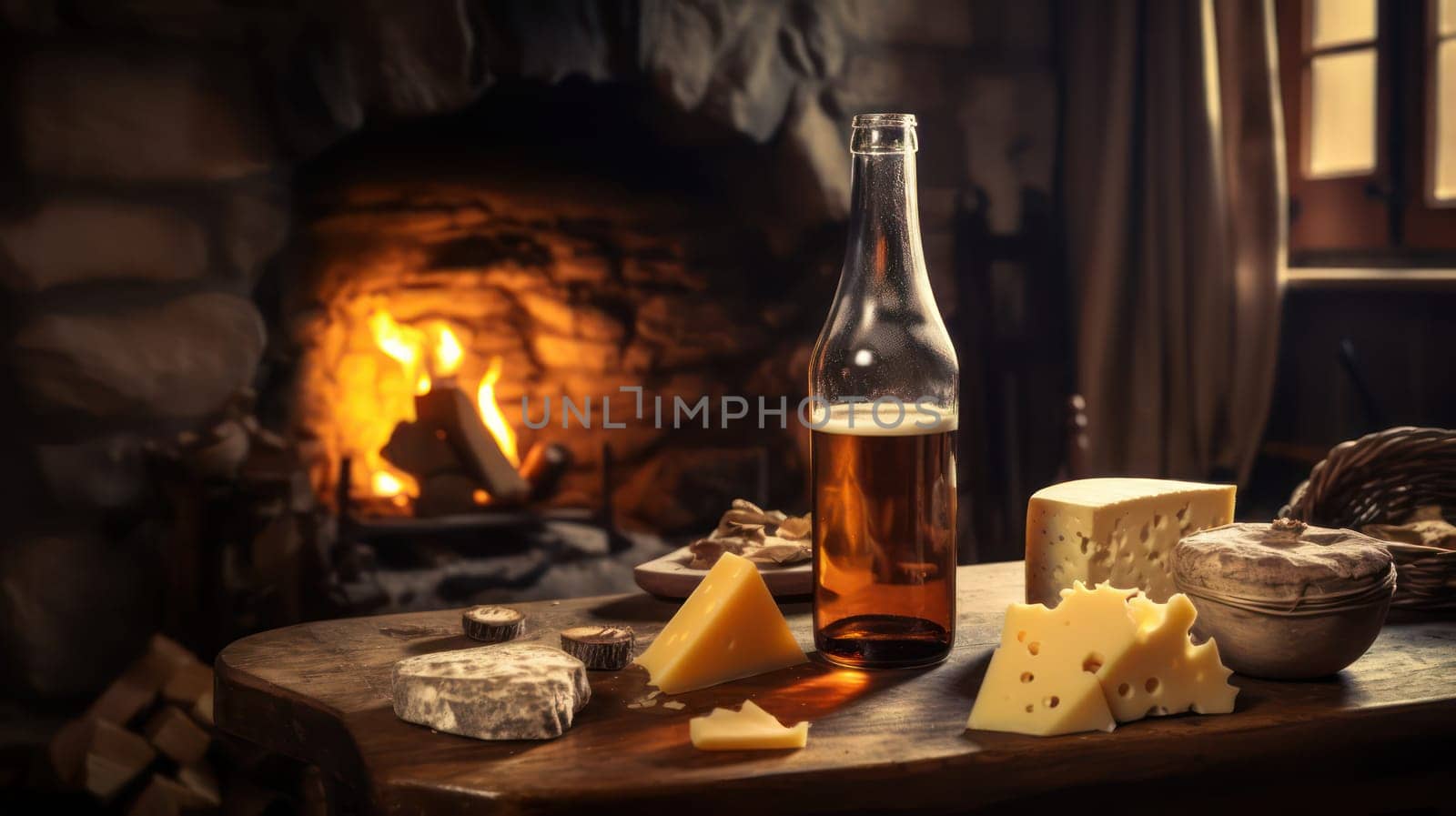 Bottle and mug of beer on background of burning fireplace. Generative AI design