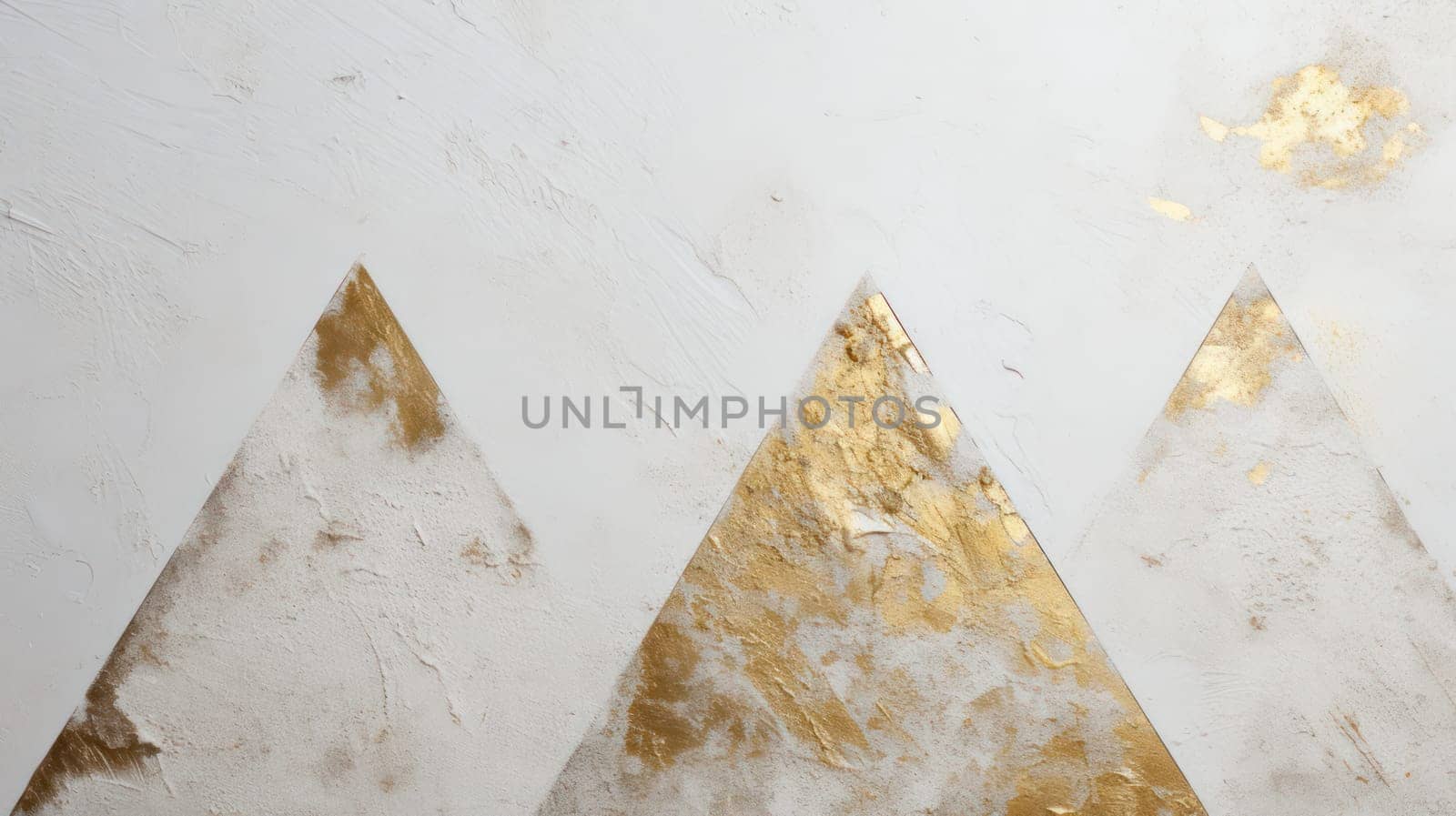 Grey grunge plaster texture and golden triangles abstract geometric background. Generative AI design