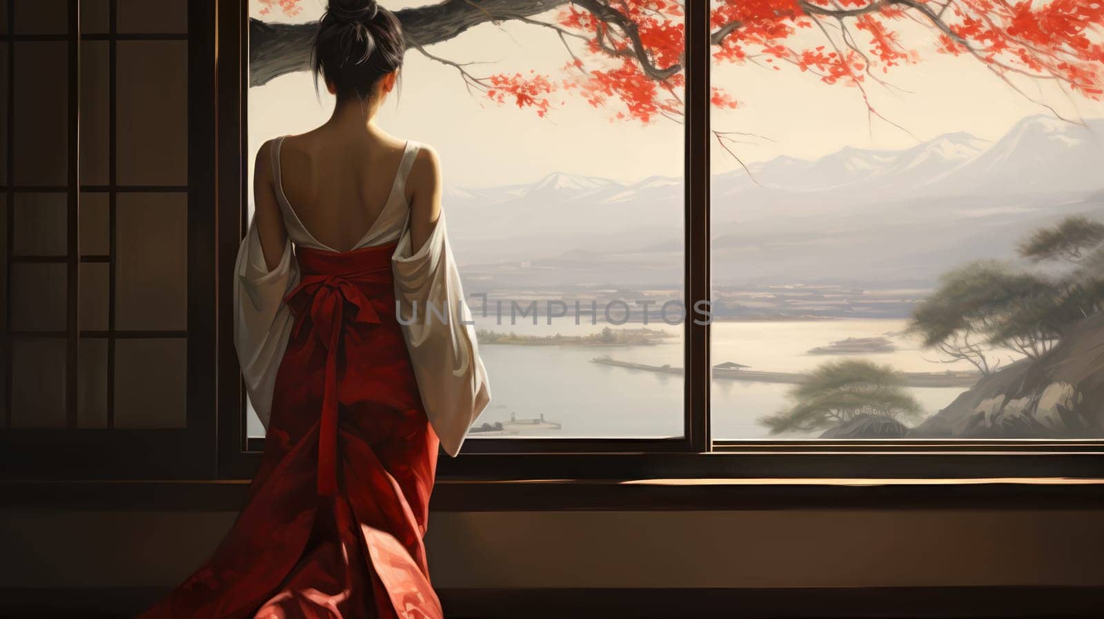 Girl in kimono on background of Japanese landscape. Generative AI drawing