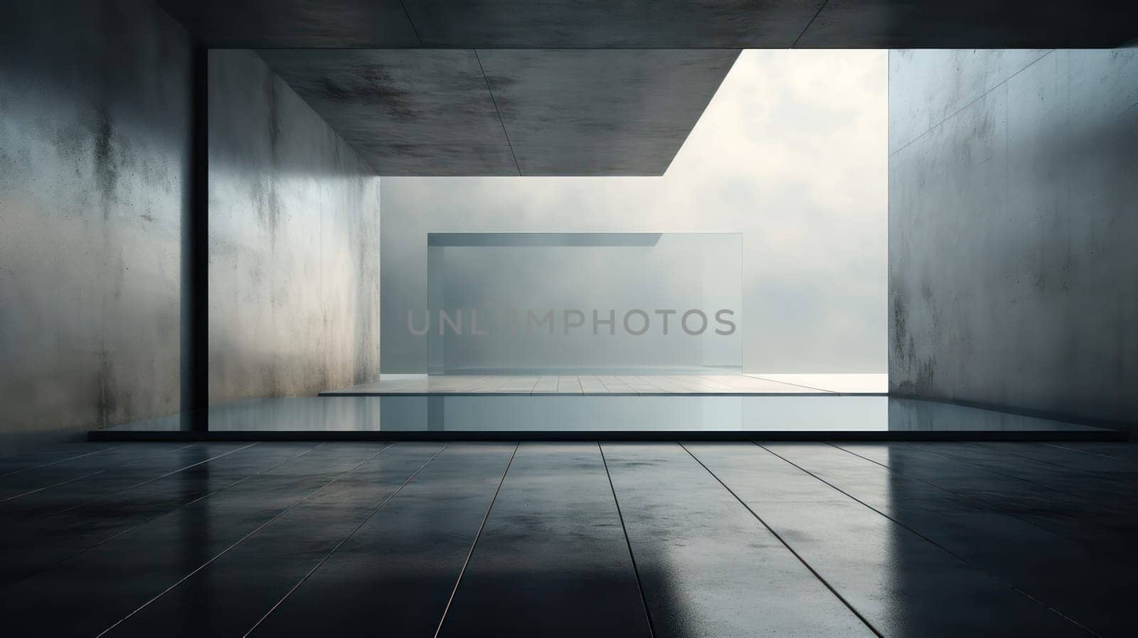 Futuristic minimalistic interior with concrete and glass. Generative AI design