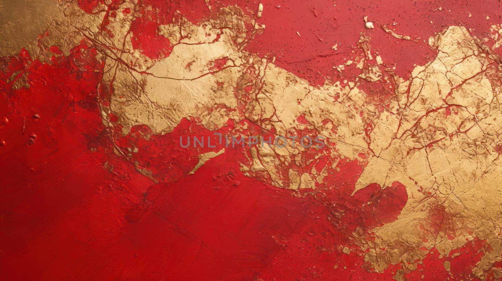 Bright red and golden grunge decorative plaster wall abstract background. Generative AI design