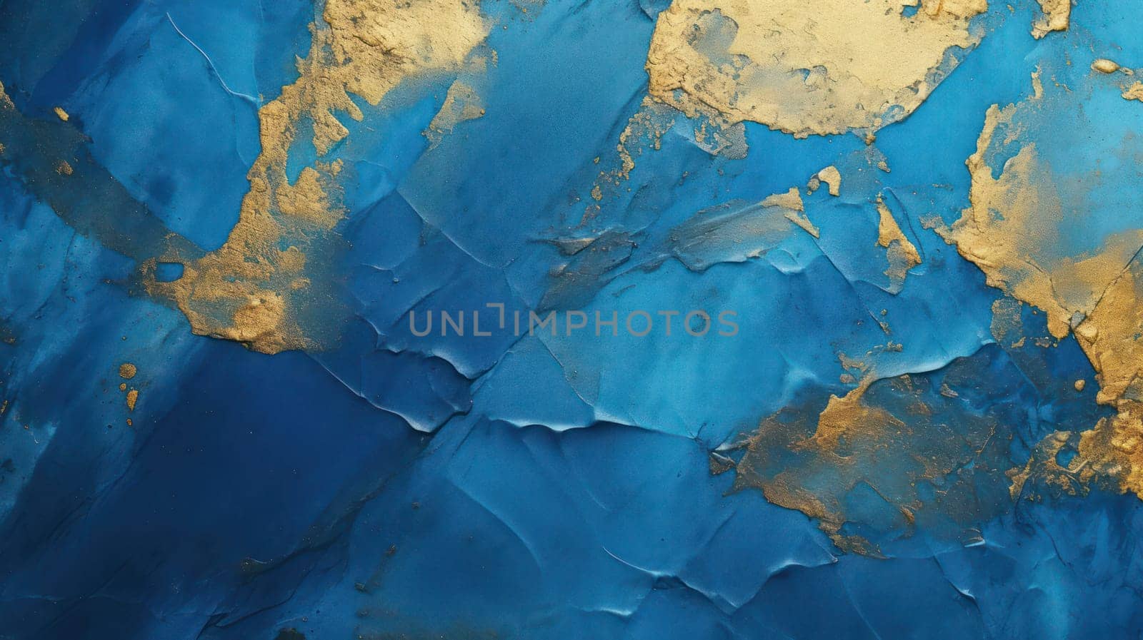 Bright blue and golden grunge decorative plaster wall abstract background. Generative AI design