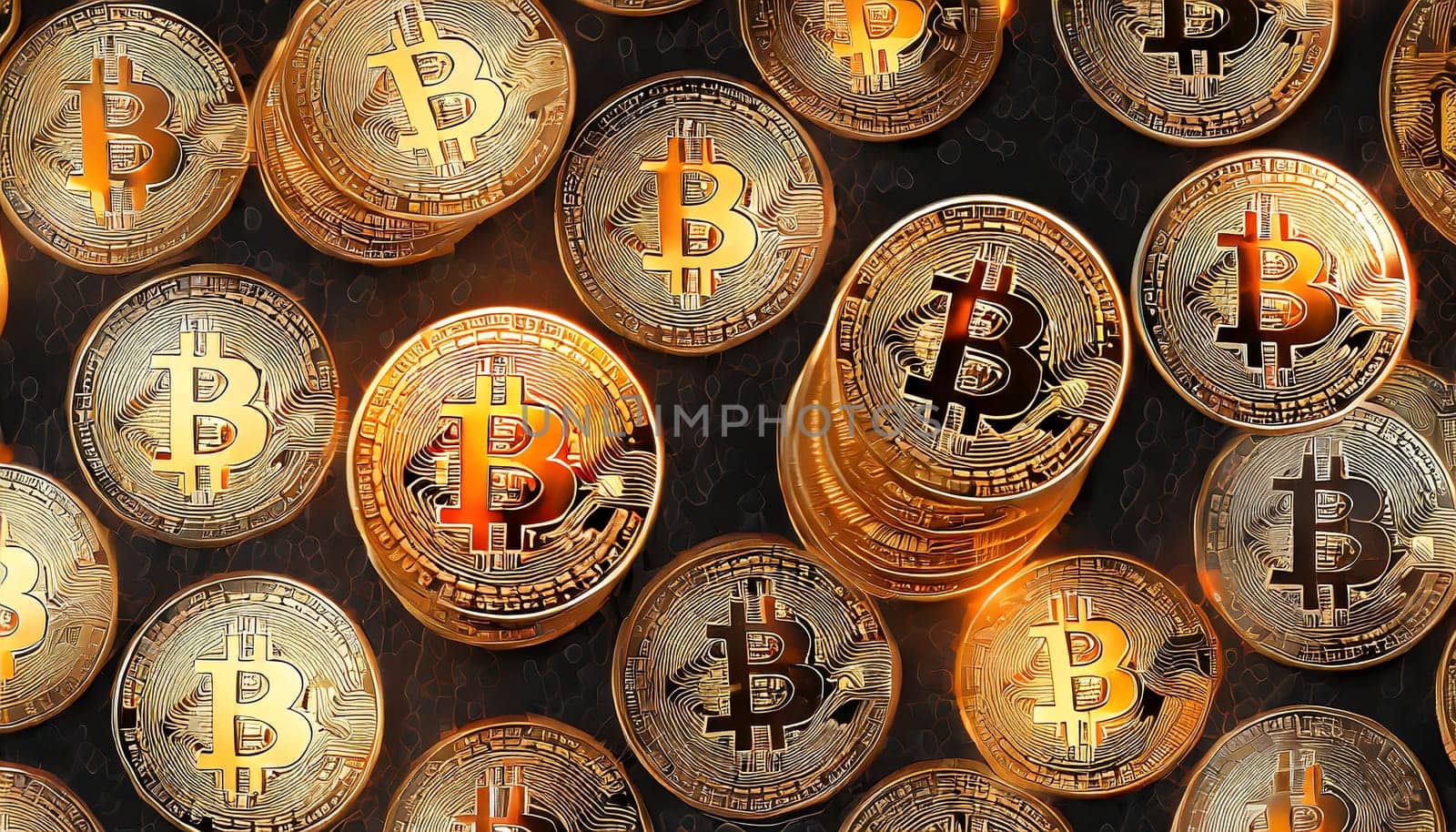 Bitcoin. Cryptocurrency. Golden coins of bitcoin on a dark background. Digital currency. AI generated