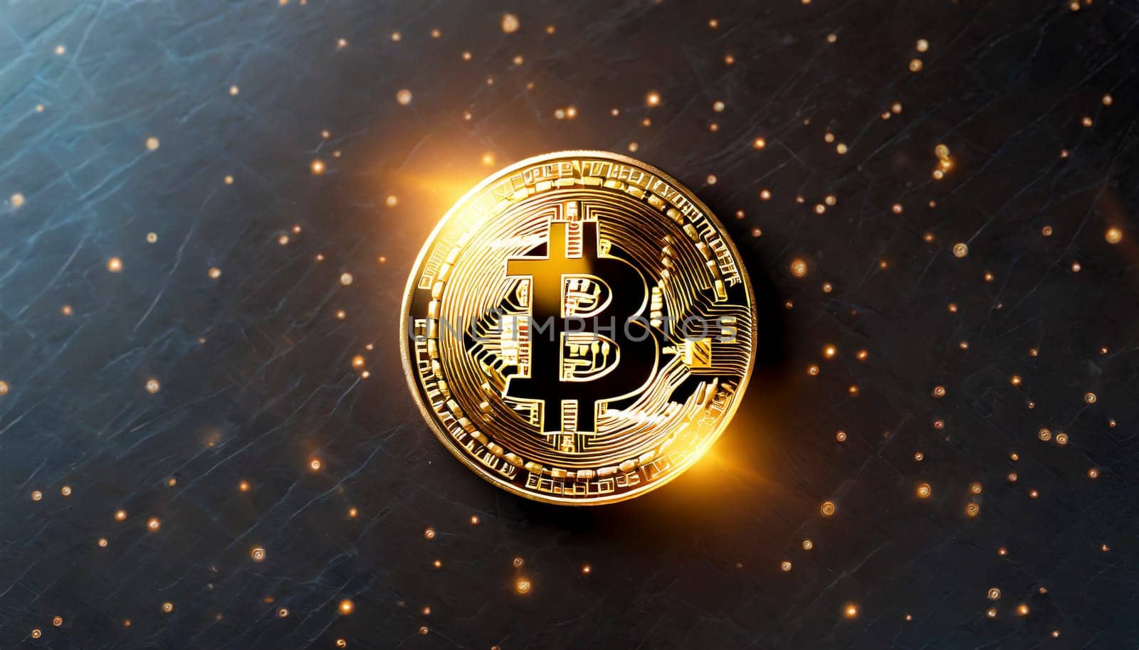 Bitcoin. Cryptocurrency. Golden coin of bitcoin on a dark background. Digital currency. AI generated