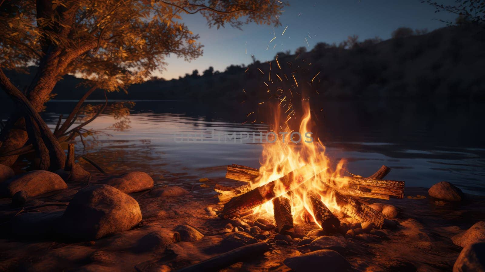 Bright bonfire in the forest on the lake shore. Generative AI image