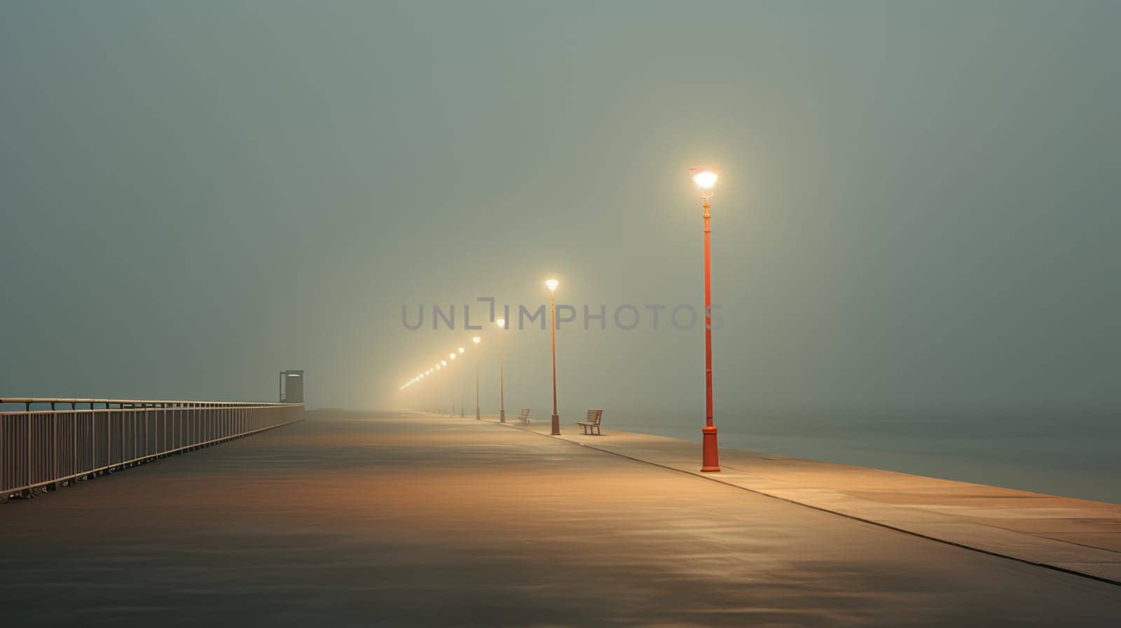Lanterns on the sea embankment, minimal misty landscape. Generative AI image