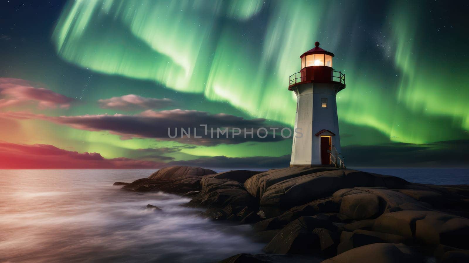 Burning lighthouse and northern Lights in the sky. Generative AI image