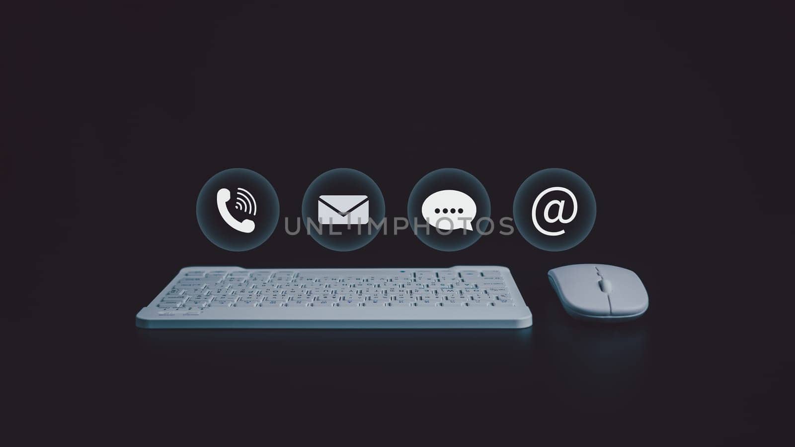 Website page, contact us or email marketing concept, customer support hotline, contact us. Businesswoman sitting and working on computer. Email, phone, address, chat message icon.