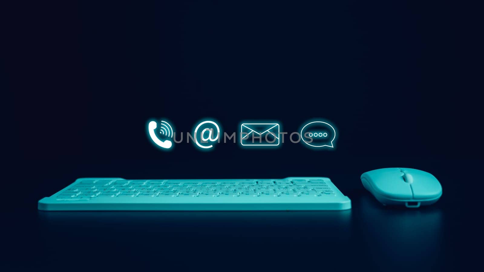 Website page, contact us or email marketing concept, customer support hotline, contact us. Businesswoman sitting and working on computer. Email, phone, address, chat message icon.