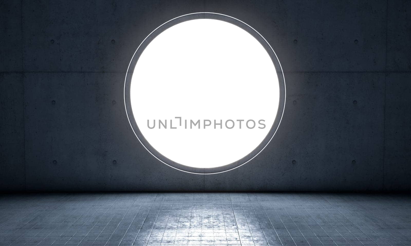 circular window in concrete wall, interior, nobody. 3d render